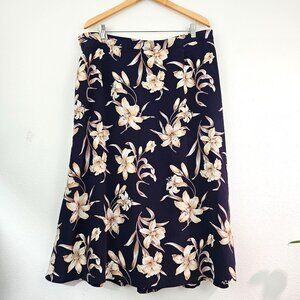 American Vintage Floral Lili Midi Skirt Sz 26W Navy Taupe Casual Work Boho Retro
